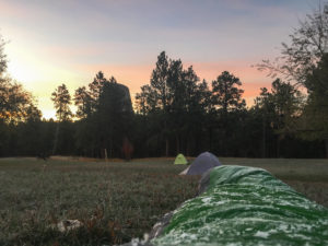 PHOTO COURTESY Logan Moir | A frosty sleeping bag in the dawn, near Devils Tower in Wyoming.