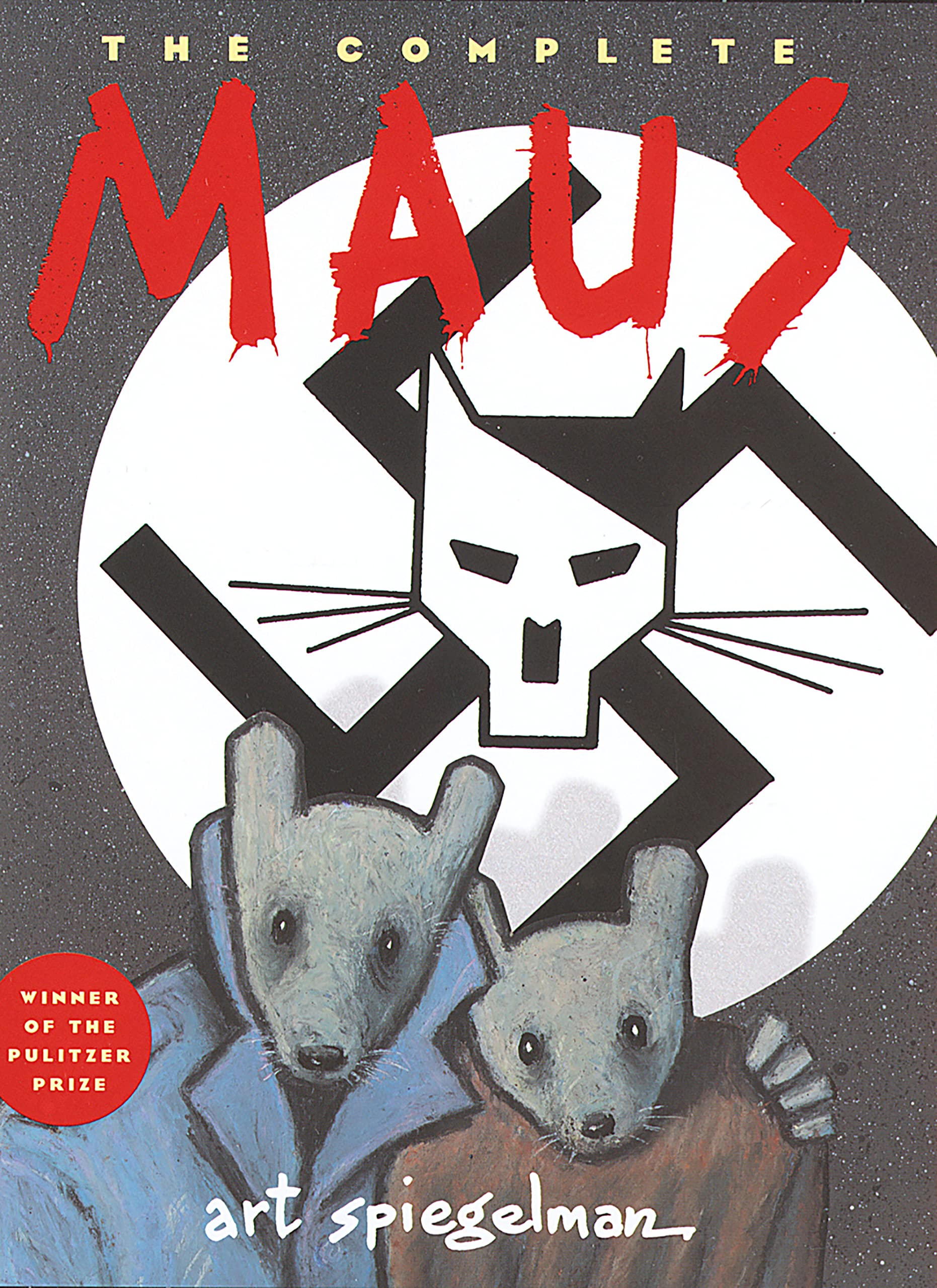 The Cover of the book Maus showing a Swastica and two mice.
